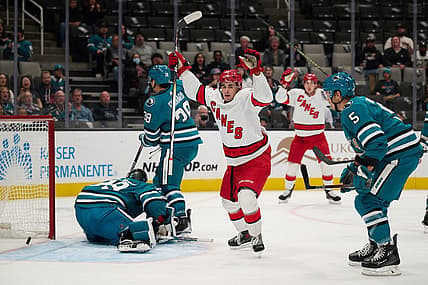 Oct 17, 2023; San Jose, California, USA; Carolina Hurricanes center Seth Jarvis (24) reacts after scoring a goal against the San Jose Sharks during the first period at SAP Center at San Jose. Mandatory Credit: Robert Edwards-USA TODAY Sports