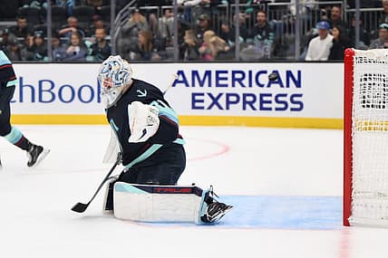 Oct 17, 2023; Seattle, Washington, USA; Seattle Kraken goaltender Philipp Grubauer (31) misses the goal shot by Colorado Avalanche right wing Mikko Rantanen (96) (not pictured) for a goal during the third period at Climate Pledge Arena. Mandatory Credit: Steven Bisig-USA TODAY Sports