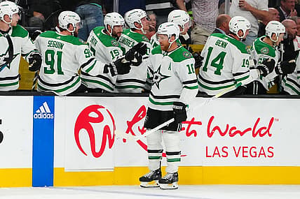Oct 17, 2023; Las Vegas, Nevada, USA; Dallas Stars center Joe Pavelski (16) celebrates after scoring a goal against the Vegas Golden Knights during the third period at T-Mobile Arena. Mandatory Credit: Stephen R. Sylvanie-USA TODAY Sports