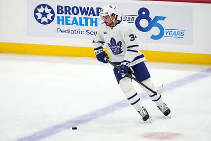 Oct 19, 2023; Sunrise, Florida, USA; Toronto Maple Leafs center Auston Matthews (34) warms up prior to the game against the Florida Panthers at Amerant Bank Arena. Mandatory Credit: Jasen Vinlove-USA TODAY Sports