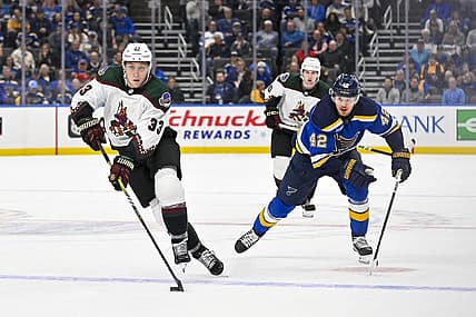 Oct 19, 2023; St. Louis, Missouri, USA;  Arizona Coyotes defenseman Travis Dermott (33) handles the puck against the St. Louis Blues during the first period at Enterprise Center. Mandatory Credit: Jeff Curry-USA TODAY Sports