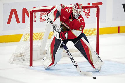 Oct 19, 2023; Sunrise, Florida, USA; Florida Panthers goaltender Sergei Bobrovsky (72) plays the puck against the Toronto Maple Leafs during the second period at Amerant Bank Arena. Mandatory Credit: Jasen Vinlove-USA TODAY Sports