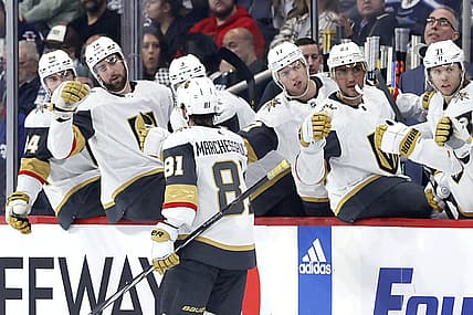 Oct 19, 2023; Winnipeg, Manitoba, CAN; Vegas Golden Knights right wing Jonathan Marchessault (81) celebrates his first period goal against the Winnipeg Jets at Canada Life Centre. Mandatory Credit: James Carey Lauder-USA TODAY Sports