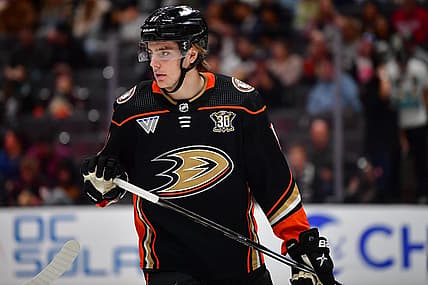 Oct 19, 2023; Anaheim, California, USA; Anaheim Ducks center Leo Carlsson (91) against the Dallas Stars during the second period at Honda Center. Mandatory Credit: Gary A. Vasquez-USA TODAY Sports