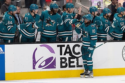 Oct 19, 2023; San Jose, California, USA; San Jose Sharks left wing Anthony Duclair (10) celebrates with teammates after scoring a goal during the third period against the Boston Bruins at SAP Center at San Jose. Mandatory Credit: Stan Szeto-USA TODAY Sports