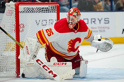 Oct 20, 2023; Columbus, Ohio, USA;  Calgary Flames goaltender Jacob Markstrom (25) defends the net against the Columbus Blue Jackets in the third period at Nationwide Arena. Mandatory Credit: Aaron Doster-USA TODAY Sports