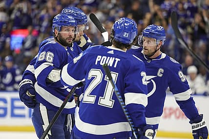 Oct 21, 2023; Tampa, Florida, USA;  Tampa Bay Lightning right wing Nikita Kucherov (86) celebrates after scoring a goal against the Toronto Maple Leafs in the first period at Amalie Arena. Mandatory Credit: Nathan Ray Seebeck-USA TODAY Sports