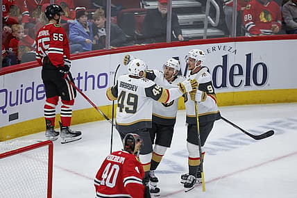 Oct 21, 2023; Chicago, Illinois, USA; Vegas Golden Knights right wing Jonathan Marchessault (81) celebrates with teammates after scoring against the Chicago Blackhawks during the second period at United Center. Mandatory Credit: Kamil Krzaczynski-USA TODAY Sports