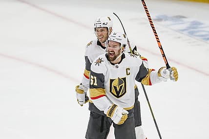 Oct 21, 2023; Chicago, Illinois, USA; Vegas Golden Knights right wing Mark Stone (61) celebrates after scoring against the Chicago Blackhawks during the third period at United Center. Mandatory Credit: Kamil Krzaczynski-USA TODAY Sports