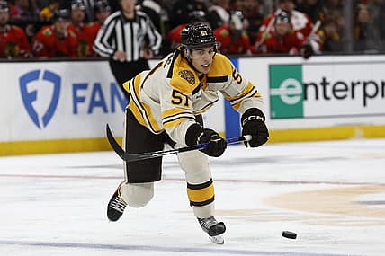 Oct 11, 2023; Boston, Massachusetts, USA; Boston Bruins center Matthew Poitras (51) during the second period against the Chicago Blackhawks at TD Garden. Mandatory Credit: Winslow Townson-USA TODAY Sports