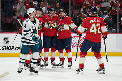 Oct 24, 2023; Sunrise, Florida, USA; Florida Panthers center Carter Verhaeghe (23) celebrates his goal against the San Jose Sharks with teammates on the ice during the second period at Amerant Bank Arena. Mandatory Credit: Jasen Vinlove-USA TODAY Sports