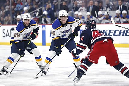 Oct 24, 2023; Winnipeg, Manitoba, CAN; St. Louis Blues center Jordan Kyrou (25) and center Robert Thomas (18) skate up the ice towards Winnipeg Jets defenseman Josh Morrissey (44) in the first period at Canada Life Centre. Mandatory Credit: James Carey Lauder-USA TODAY Sports