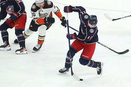 Oct 24, 2023; Columbus, Ohio, USA; Columbus Blue Jackets center Adam Fantilli (11) steals the puck from Anaheim Ducks right wing Brett Leason (20) during the third period at Nationwide Arena. Mandatory Credit: Joseph Maiorana-USA TODAY Sports