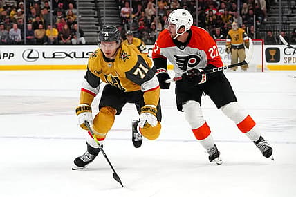 Oct 24, 2023; Las Vegas, Nevada, USA; Vegas Golden Knights center William Karlsson (71) skates ahead of Philadelphia Flyers left wing Noah Cates (27) during the second period at T-Mobile Arena. Mandatory Credit: Stephen R. Sylvanie-USA TODAY Sports