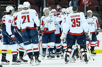 Oct 25, 2023; Newark, New Jersey, USA; Washington Capitals players celebrate after winning against the New Jersey Devils at Prudential Center. Mandatory Credit: John Jones-USA TODAY Sports