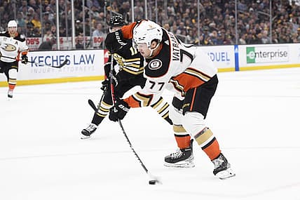 Oct 26, 2023; Boston, Massachusetts, USA; Anaheim Ducks right wing Frank Vatrano (77) shoots the puck during the second period against the Boston Bruins at TD Garden. Mandatory Credit: Bob DeChiara-USA TODAY Sports