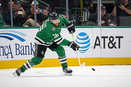 Oct 26, 2023; Dallas, Texas, USA; Dallas Stars center Joe Pavelski (16) passes the puck against the Toronto Maple Leafs during the third period at the American Airlines Center. Mandatory Credit: Jerome Miron-USA TODAY Sports