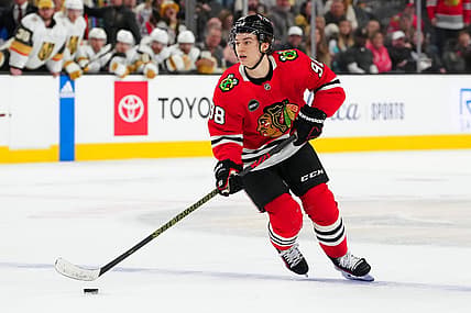 Oct 27, 2023; Las Vegas, Nevada, USA; Chicago Blackhawks center Connor Bedard (98) skates against the Vegas Golden Knights during an overtime period at T-Mobile Arena. Mandatory Credit: Stephen R. Sylvanie-USA TODAY Sports