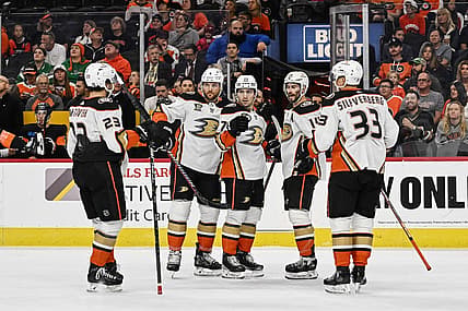 Oct 28, 2023; Philadelphia, Pennsylvania, USA;  Anaheim Ducks right wing Frank Vatrano (77) celebrates his goal with teammates during the first period against the Philadelphia Flyers at Wells Fargo Center. Mandatory Credit: John Geliebter-USA TODAY Sports