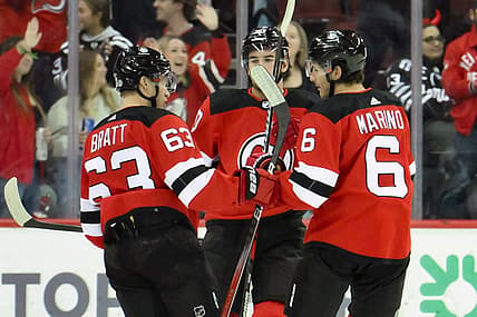 Oct 29, 2023; Newark, New Jersey, USA; New Jersey Devils left wing Jesper Bratt (63) celebrates with teammates after scoring a goal against the Minnesota Wild during the first period at Prudential Center. Mandatory Credit: John Jones-USA TODAY Sports