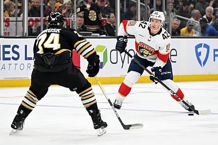 Oct 30, 2023; Boston, Massachusetts, USA; Florida Panthers defenseman Gustav Forsling (42) skates against Boston Bruins left wing Jake DeBrusk (74) during the second period at the TD Garden. Mandatory Credit: Brian Fluharty-USA TODAY Sports