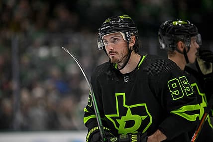 Oct 30, 2023; Dallas, Texas, USA; Dallas Stars center Matt Duchene (95) waits for the face-off against the Columbus Blue Jackets during the second period at the American Airlines Center. Mandatory Credit: Jerome Miron-USA TODAY Sports