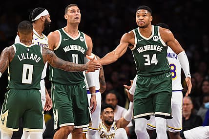 Milwaukee Bucks' Damian Lillard, Giannis Antetokounmpo