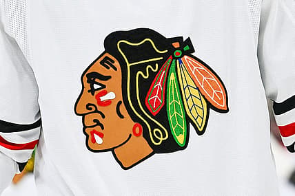 Feb 14, 2023; Montreal, Quebec, CAN; View of a Chicago Blackhawks logo on a jersey worn by a member of the team against the Montreal Canadiens during the third period at Bell Centre. Mandatory Credit: David Kirouac-USA TODAY Sports