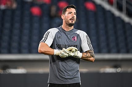 Sep 30, 2023; St. Louis, Missouri, USA; St. Louis City goalkeeper Roman Burki looks on during warmups before a game against Sporting Kansas City at CITYPARK. Mandatory Credit: Joe Puetz-USA TODAY Sports