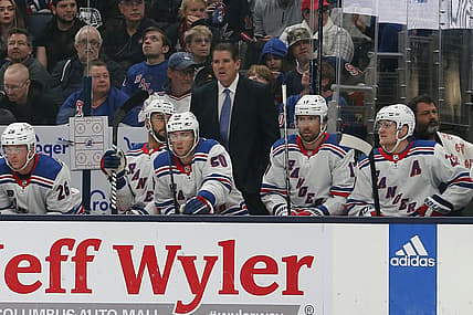 Oct 14, 2023; Columbus, Ohio, USA; New York Rangers head coach Peter Laviolette looks on during the first period at Nationwide Arena. Mandatory Credit: Russell LaBounty-USA TODAY Sports