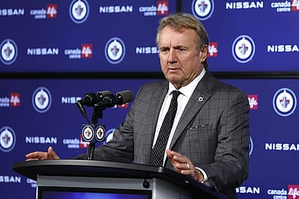 Oct 19, 2023; Winnipeg, Manitoba, CAN; Winnipeg Jets head coach Rick Bowness talks to the media after a game against the Vegas Golden Knights at Canada Life Centre. Mandatory Credit: James Carey Lauder-USA TODAY Sports