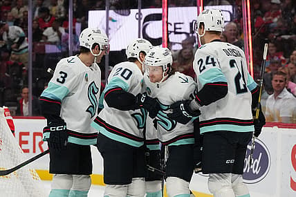 Oct 28, 2023; Sunrise, Florida, USA; Seattle Kraken left wing Jared McCann (19) celebrates his goal against the Florida Panthers with teammates on the ice during the first period at Amerant Bank Arena. Mandatory Credit: Jasen Vinlove-USA TODAY Sports