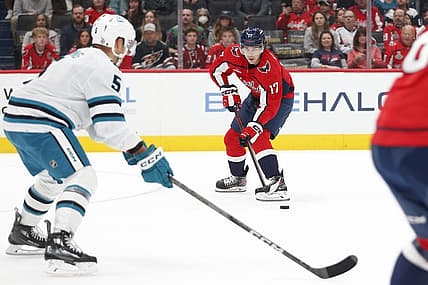 Oct 29, 2023; Washington, District of Columbia, USA; Washington Capitals center Dylan Strome (17) controls the puck as San Jose Sharks defenseman Matt Benning (5) defends during the first period at Capital One Arena. Mandatory Credit: Amber Searls-USA TODAY Sports