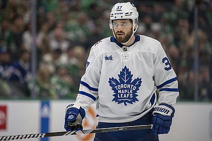 Oct 26, 2023; Dallas, Texas, USA; Toronto Maple Leafs defenseman Timothy Liljegren (37) in action during the game between the Dallas Stars and the Toronto Maple Leafs at the American Airlines Center. Mandatory Credit: Jerome Miron-USA TODAY Sports