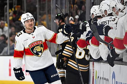 Oct 30, 2023; Boston, Massachusetts, USA; Florida Panthers center Sam Reinhart (13) celebrates with his teammates after scoring a goal against the Boston Bruins during the first period at the TD Garden. Mandatory Credit: Brian Fluharty-USA TODAY Sports