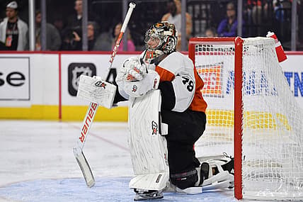 Oct 30, 2023; Philadelphia, Pennsylvania, USA; Philadelphia Flyers goaltender Carter Hart (79) against the Carolina Hurricanes during the second period at Wells Fargo Center. Mandatory Credit: Eric Hartline-USA TODAY Sports