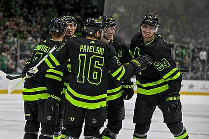 Oct 30, 2023; Dallas, Texas, USA; Dallas Stars center Joe Pavelski (16) and center Roope Hintz (24) and left wing Jason Robertson (21) and defenseman Esa Lindell (23) and defenseman Nils Lundkvist (5) celebrates a goal by Hintz against the Columbus Blue Jackets during the second period at the American Airlines Center. Mandatory Credit: Jerome Miron-USA TODAY Sports