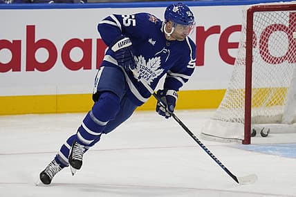 Oct 31, 2023; Toronto, Ontario, CAN; Toronto Maple Leafs defenseman Mark Giordano (55) skates during warm up before a game against the Los Angeles  Kings at Scotiabank Arena. Mandatory Credit: John E. Sokolowski-USA TODAY Sports