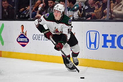 Nov 1, 2023; Anaheim, California, USA; Arizona Coyotes center Logan Cooley (92) moves the puck against the Anaheim Ducks during the second period at Honda Center. Mandatory Credit: Gary A. Vasquez-USA TODAY Sports
