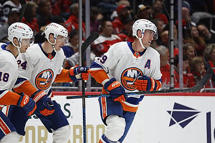 Nov 2, 2023; Washington, District of Columbia, USA; New York Islanders center Brock Nelson (29) celebrates with teammates after scoring a goal against the Washington Capitals in the second period at Capital One Arena. Mandatory Credit: Geoff Burke-USA TODAY Sports