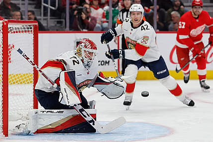 Nov 2, 2023; Detroit, Michigan, USA;  Florida Panthers goaltender Sergei Bobrovsky (72) makes a save in the second period against the Detroit Red Wings at Little Caesars Arena. Mandatory Credit: Rick Osentoski-USA TODAY Sports