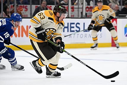 Nov 2, 2023; Boston, Massachusetts, USA;  Boston Bruins left wing Brad Marchand (63) skates against the Toronto Maple Leafs during the second period at the TD Garden. Mandatory Credit: Brian Fluharty-USA TODAY Sports