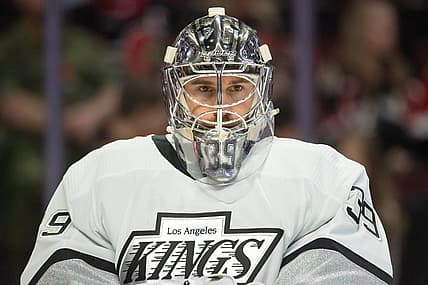 Nov 2, 2023; Ottawa, Ontario, CAN; Los Angeles Kings goalie Cam Talbot (39) looks on prior to the start of game against the Ottawa Senators at the Canadian Tire Centre. Mandatory Credit: Marc DesRosiers-USA TODAY Sports