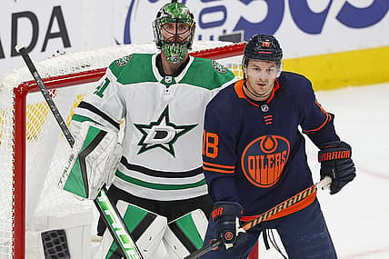 Nov 2, 2023; Edmonton, Alberta, CAN; Edmonton Oilers forward Zach Hyman (18) tries to screen Dallas Stars goaltender Scott Wedgewood (41) during the second period at Rogers Place. Mandatory Credit: Perry Nelson-USA TODAY Sports