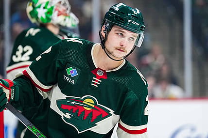 Nov 2, 2023; Saint Paul, Minnesota, USA; Minnesota Wild defenseman Calen Addison (2) looks on during the first period against the New Jersey Devils at Xcel Energy Center. Mandatory Credit: Brace Hemmelgarn-USA TODAY Sports