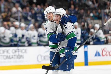 Nov 2, 2023; San Jose, California, USA; Vancouver Canucks center Elias Pettersson (40) hugs right wing Brock Boeser (6) during the first period against the San Jose Sharks at SAP Center at San Jose. Mandatory Credit: Stan Szeto-USA TODAY Sports