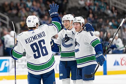 Nov 2, 2023; San Jose, California, USA; Vancouver Canucks left wing Andrei Kuzmenko (96) celebrates with  center Elias Pettersson (40) and right wing Brock Boeser (6) during the first period against the San Jose Sharks at SAP Center at San Jose. Mandatory Credit: Stan Szeto-USA TODAY Sports