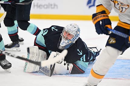 Nov 2, 2023; Seattle, Washington, USA; Seattle Kraken goaltender Philipp Grubauer (31) defends the goal against the Nashville Predators during the second period at Climate Pledge Arena. Mandatory Credit: Steven Bisig-USA TODAY Sports