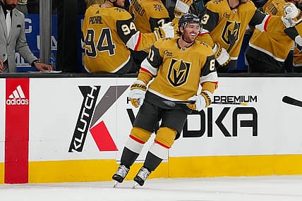 Nov 2, 2023; Las Vegas, Nevada, USA; Vegas Golden Knights right wing Jonathan Marchessault (81) celebrates after scoring a goal against the Winnipeg Jets during the second period at T-Mobile Arena. Mandatory Credit: Stephen R. Sylvanie-USA TODAY Sports