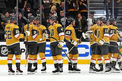 Nov 2, 2023; Las Vegas, Nevada, USA; Vegas Golden Knights players celebrate after defeating the Winnipeg Jets 5-2 at T-Mobile Arena. Mandatory Credit: Stephen R. Sylvanie-USA TODAY Sports